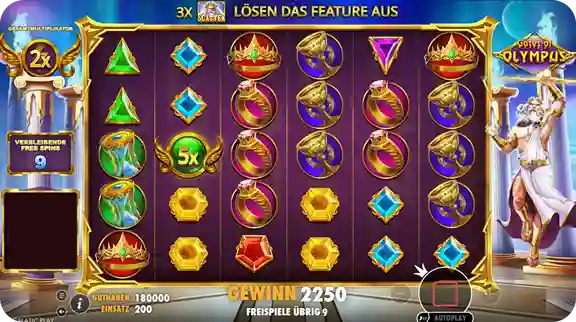 Gates of Olympus Slot – Zeus vor den Walzen mit griechischen Symbolen, Multiplikatoren und laufenden Freispielen